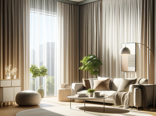 DALL·E 2024-02-04 21.50.30 - Design a photo-realistic image of a modern living room where the curtains are custom-fit to exactly meet the floor level, without extending beyond it